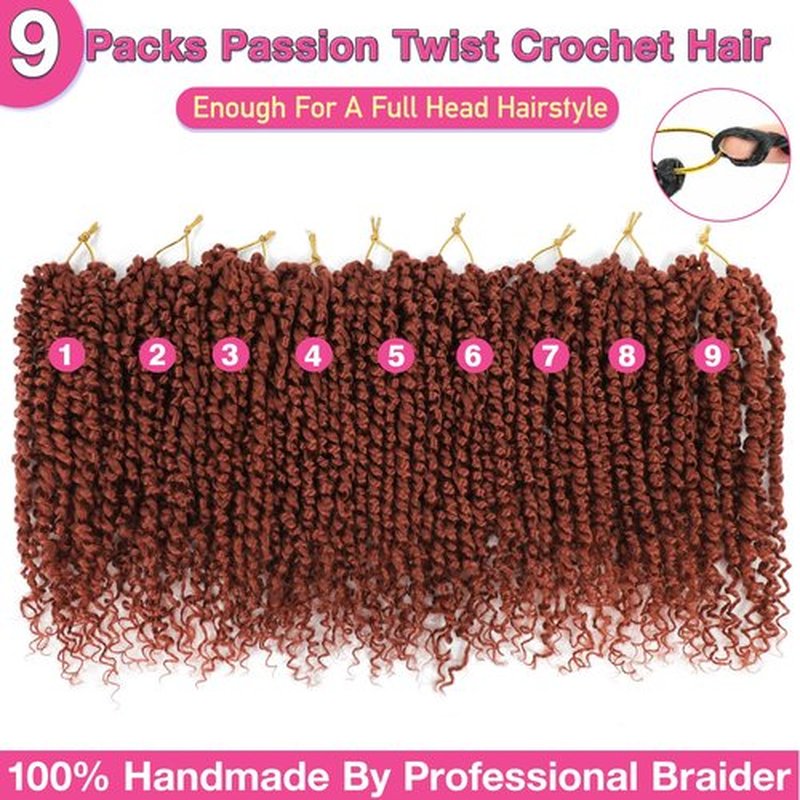 9 Packs Passion Twist Crochet Hair 10 Inch Pre-twisted Passion Twist Hair Copper Red Pre Looped Crochet Passion Twist Hair Bohemian Short Passion Twist Crochet Braids Hair for Women Girls(10Inch,350)