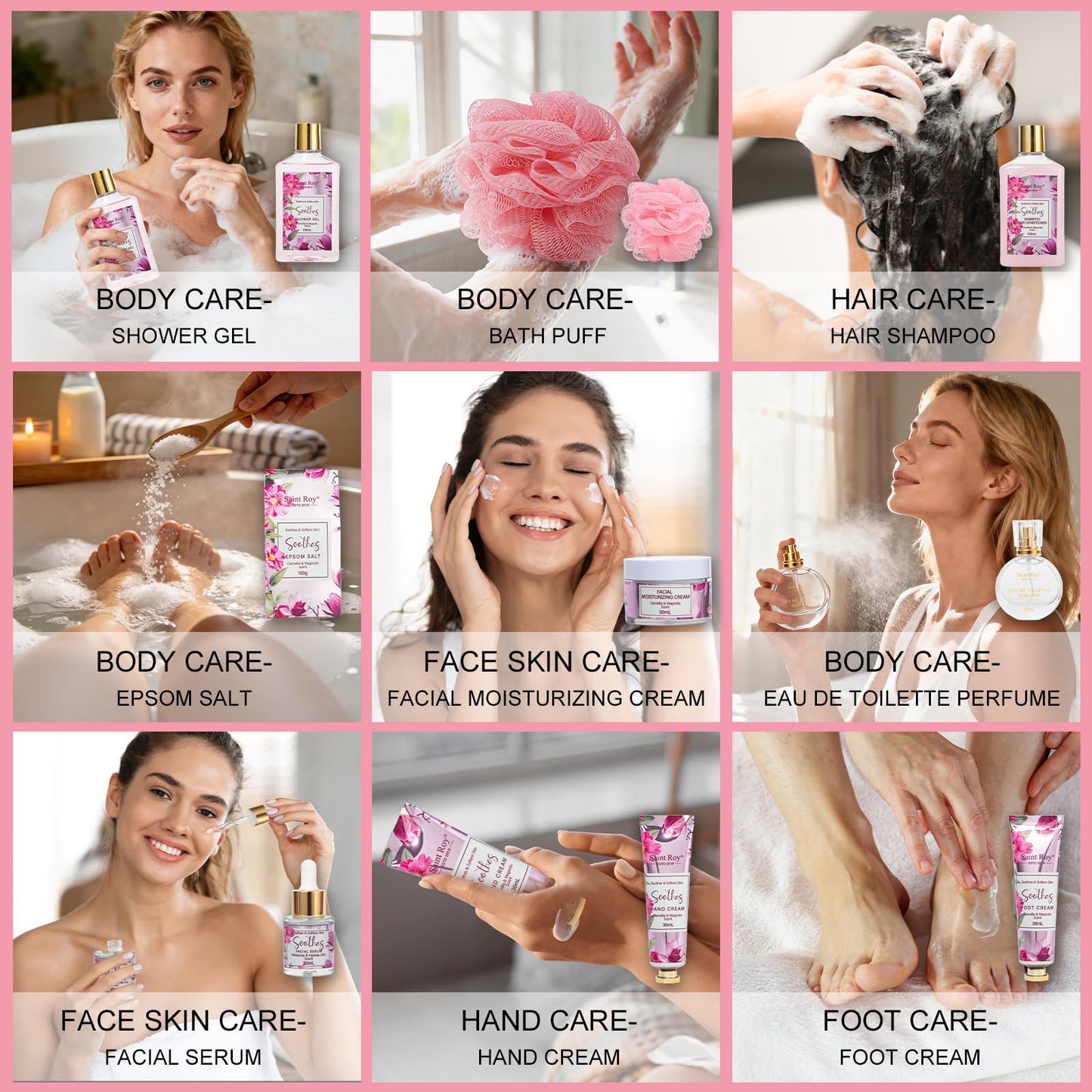 Camellia & Magnolia Facial Skin Care Set, 27 Pcs Bath & Body Spa Basket for Women, Beauty Care Kit, Makeup Bag, Face Serum, Perfume, Christmas, Mother Day, Valentine's, Birthday, Bridal Shower