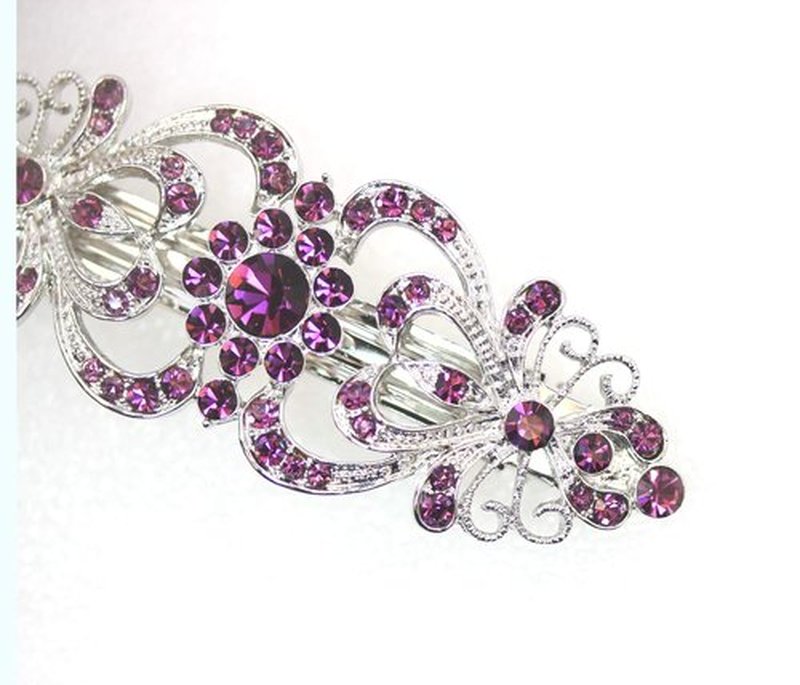 Faship Gorgeous Purple Crystal Hearts And Floral Hair Barrette