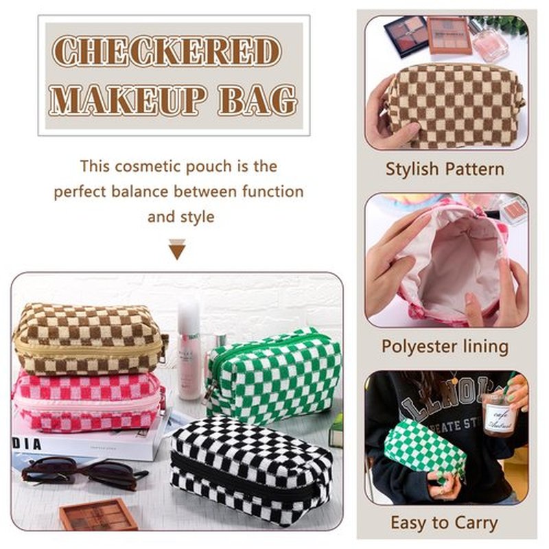 ZLFSRQ 4Pcs Checkered Makeup Bag for Women Knitted Small Cosmetic Bag Travel Makeup Pouch for Purse Zipper Toiletry Organizer Cute Aesthetic Girls Makeup Brushes Storage Bag (Green/Black/Pink/Brown)