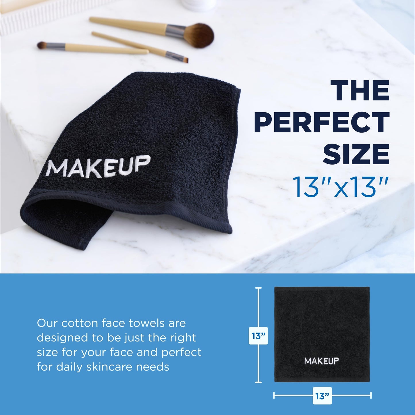 Ben Kaufman Makeup Remover Face Washcloth - Absorbent Towel for Drying Your Face - Soft & Machine Washable Makeup Remover Cloth - Cotton Towel for Daily Skincare - 13" x 13" (12 Pack)
