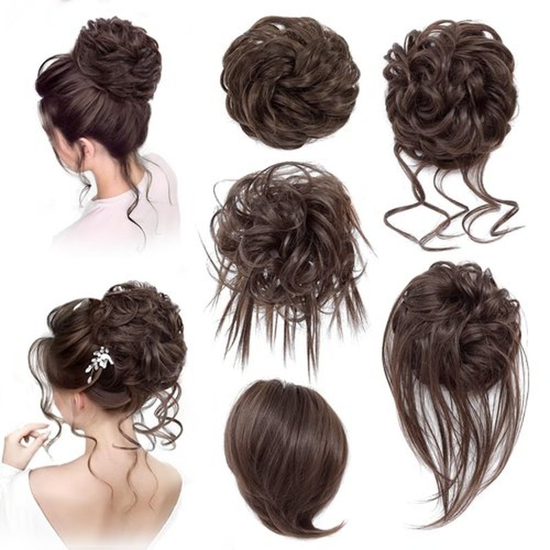HSLHDI Messy Hair Bun Hair Piece for Women Short Bun Tousled Synthetic Elastic Scrunchies Hairpiece for Women Girls (1-5pcs, 6#-Dark Brown)…