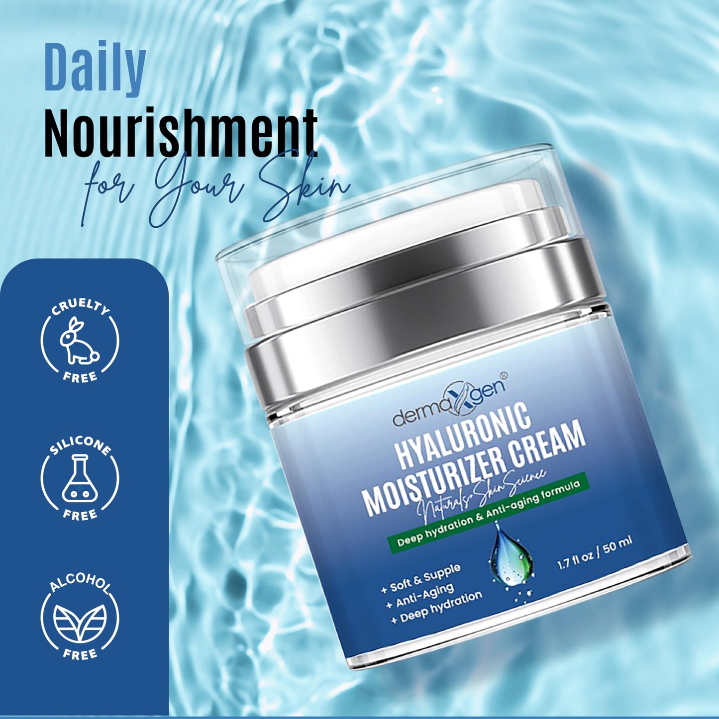 Dermaxgen Hyaluronic Acid Moisturizer - Hydrating Moisturizer Face Cream to Reduce Pigmentation & Improve Skin Elasticity - Anti Aging Cream for Day and Night Use - Suitable for All Skin Types - 50 ml
