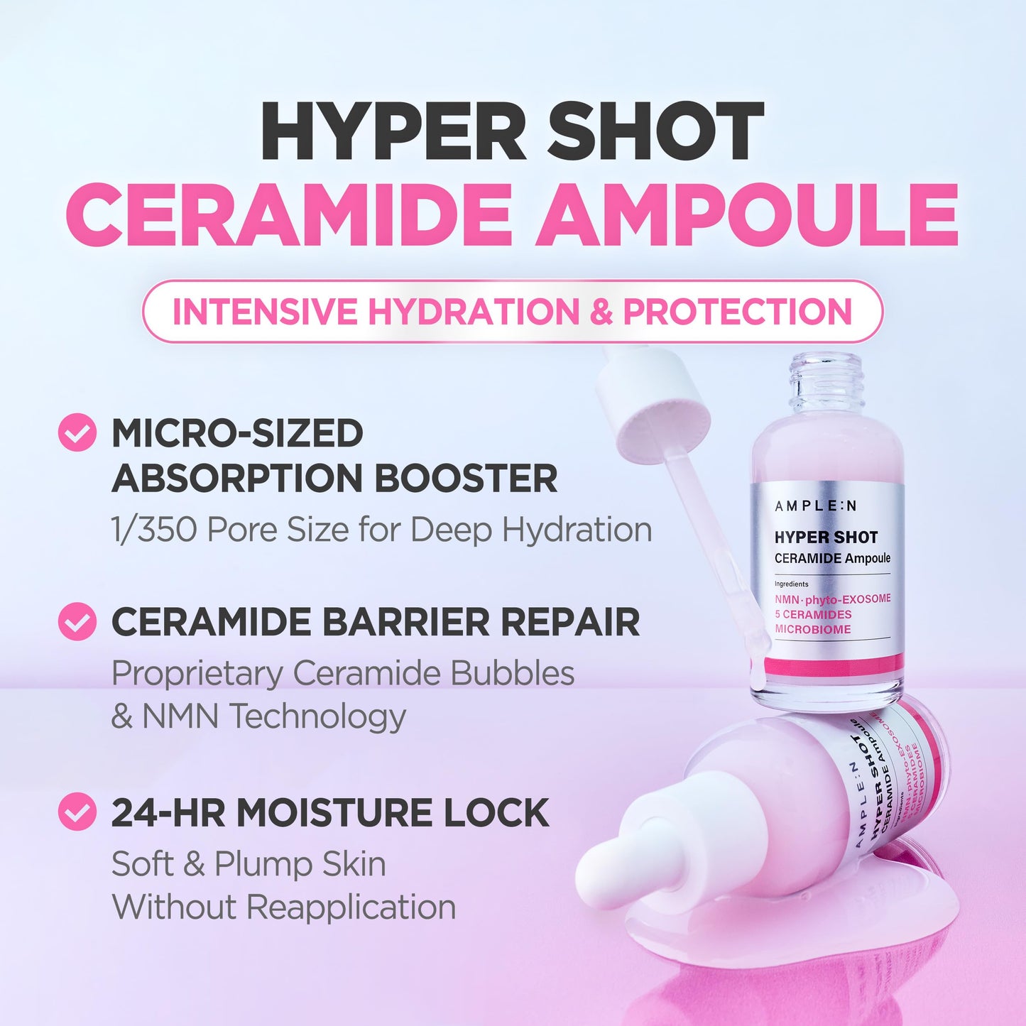 AMPLE:N Hyper Shot Ceramide Ampoule - Korean Face Serum for Dry Damaged Skin - Barrier Repair, K-Beauty 100-Hour Hydration with 50,000 ppm Ceramide Complex, Niacinamide, and Beta-Glucan, 1.69 fl. Oz.