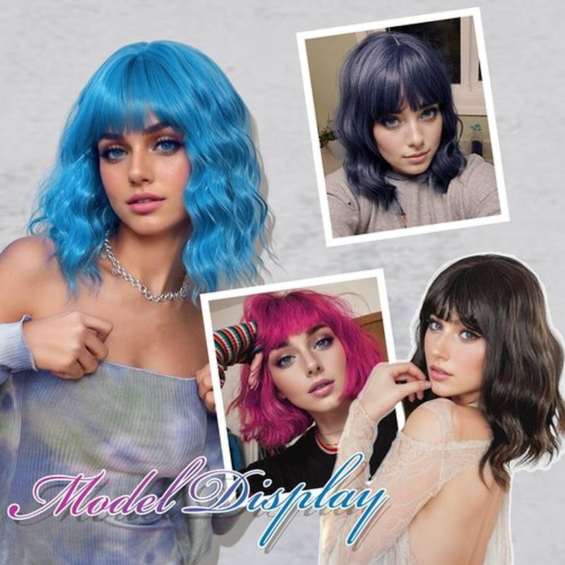 VCKOVCKO Short Bob Wigs Barbie pink Wavy Wig With Air Bangs Women's Shoulder Length Wigs Curly Wavy Synthetic Cosplay Wig Pastel Bob Wig for Girl Colorful Wigs(12", Barbie pink)