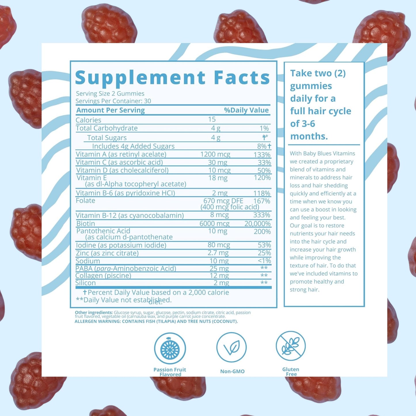 Baby Blues Postpartum Hair Loss Vitamins & Gummies for Women, Biotin & Collagen for Hair Growth Support, Thinning Hair Support, Thicker Fuller-Looking Hair, Hair Skin & Nails, Postnatal, 60 Count