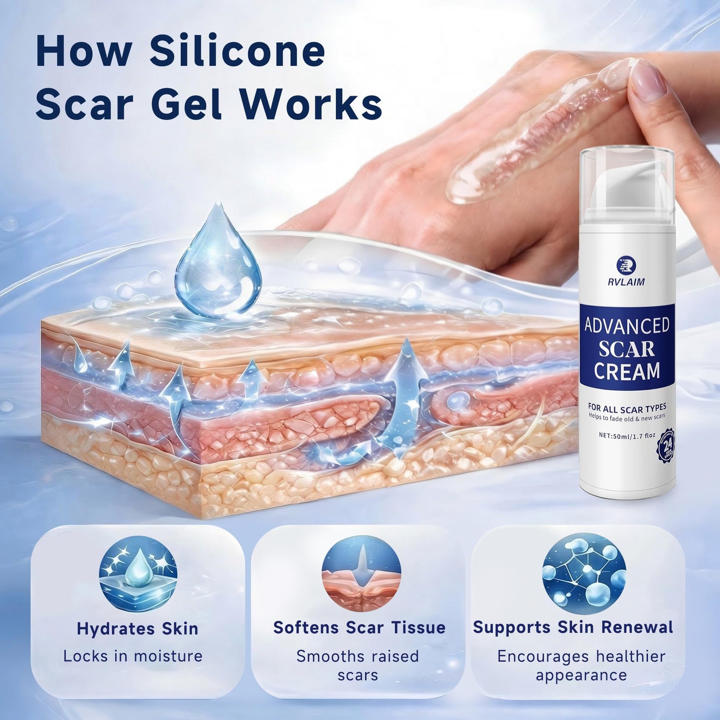 Scar Cream Scar Gel, Advanced Silicone Scar Gel, Professional Scar Removal Cream for Surgical Scars, Stretch Mark, Keloid Bump, C-Section, Old and New Scars