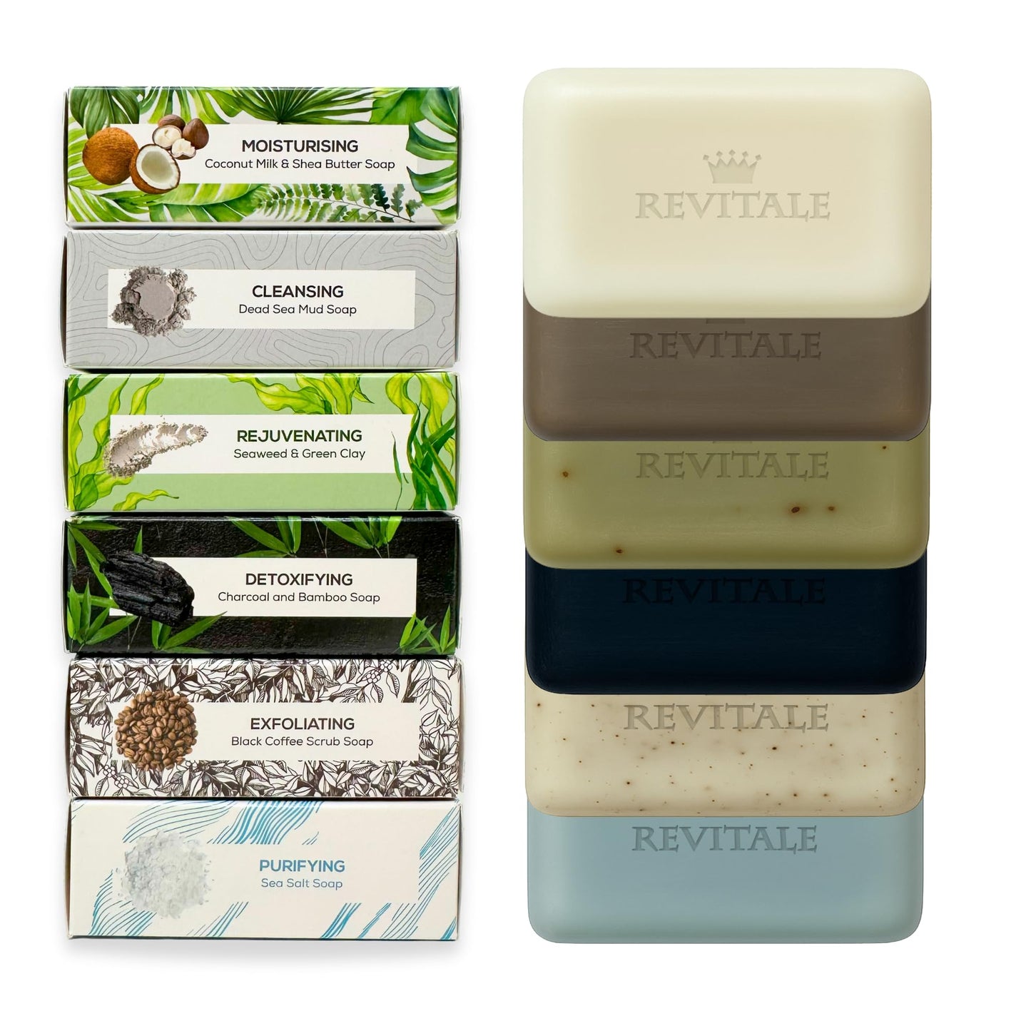 REVITALE Natural Cleansing Soap Bars Set – 6 x 100g – Daily Hand, Face & Body Wash, Shower Soap & Skincare Gift Set