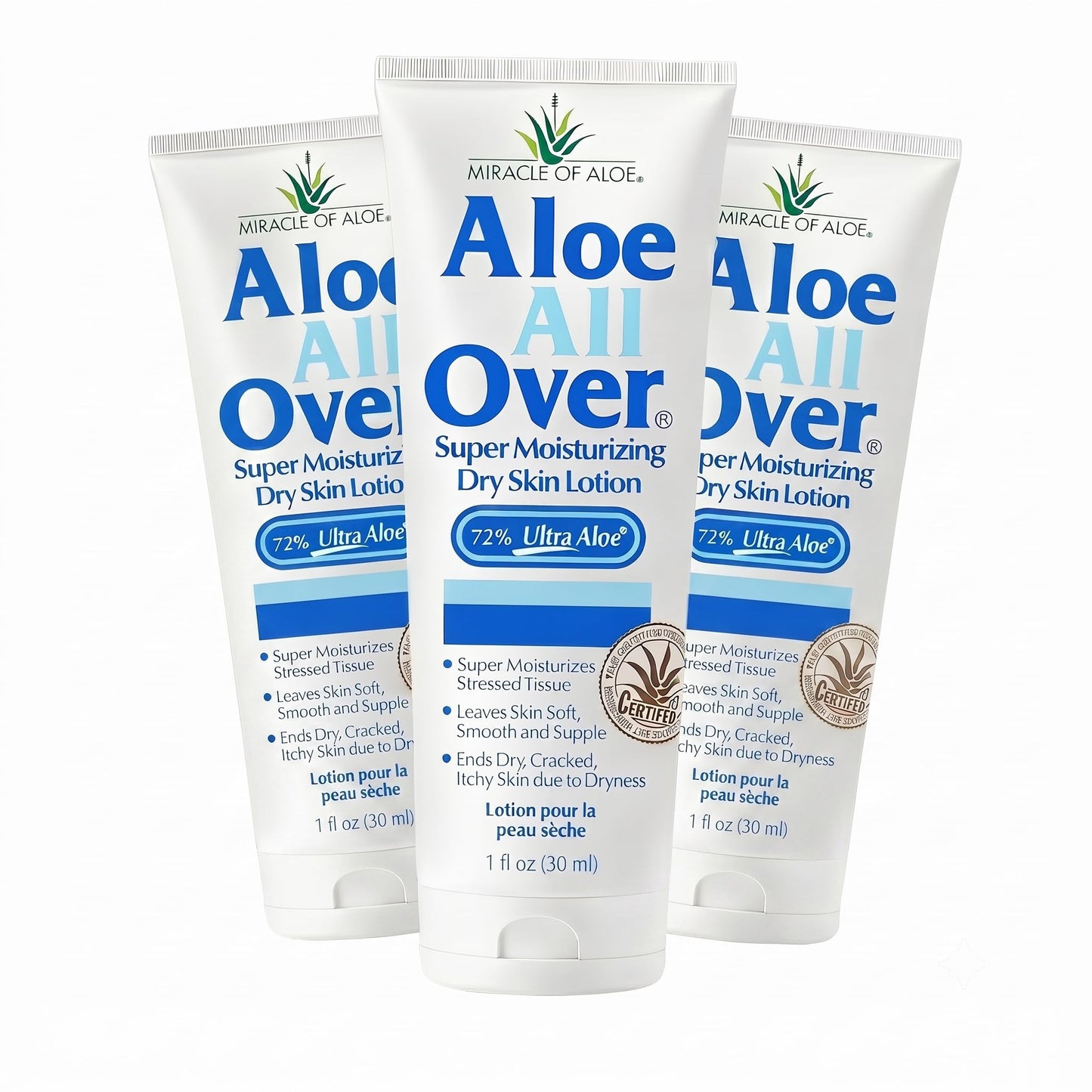 Miracle of Aloe Aloe All Over Super Moisturizing Dry Skin Lotion (3-Pack, 1 oz) - Made with 72% UltraAloe Aloe Vera Gel. Safe for Everyone: Men, Women, Kids. Restores Dry Skin Fast