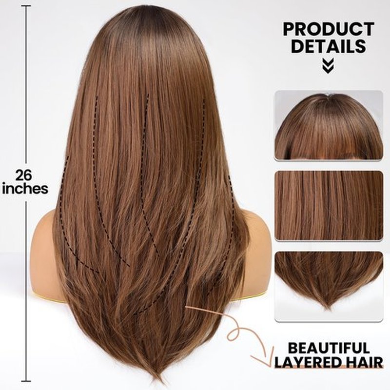 EMMOR Brown Wig With Bangs For Women Long Straight Layered Wigs Synthetic Layered Hairstyle For Girls Party Cosplay And Daily Use(26" Brown)