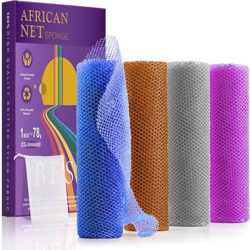 RIUOTA 4 Pieces African Bath Sponge African Net Long Net Bath Sponge Enjoy Luxurious Exfoliation, Deep Cleansing, and Silky Smooth Skin Every Day(Brown, Blue, Purple,Grey)