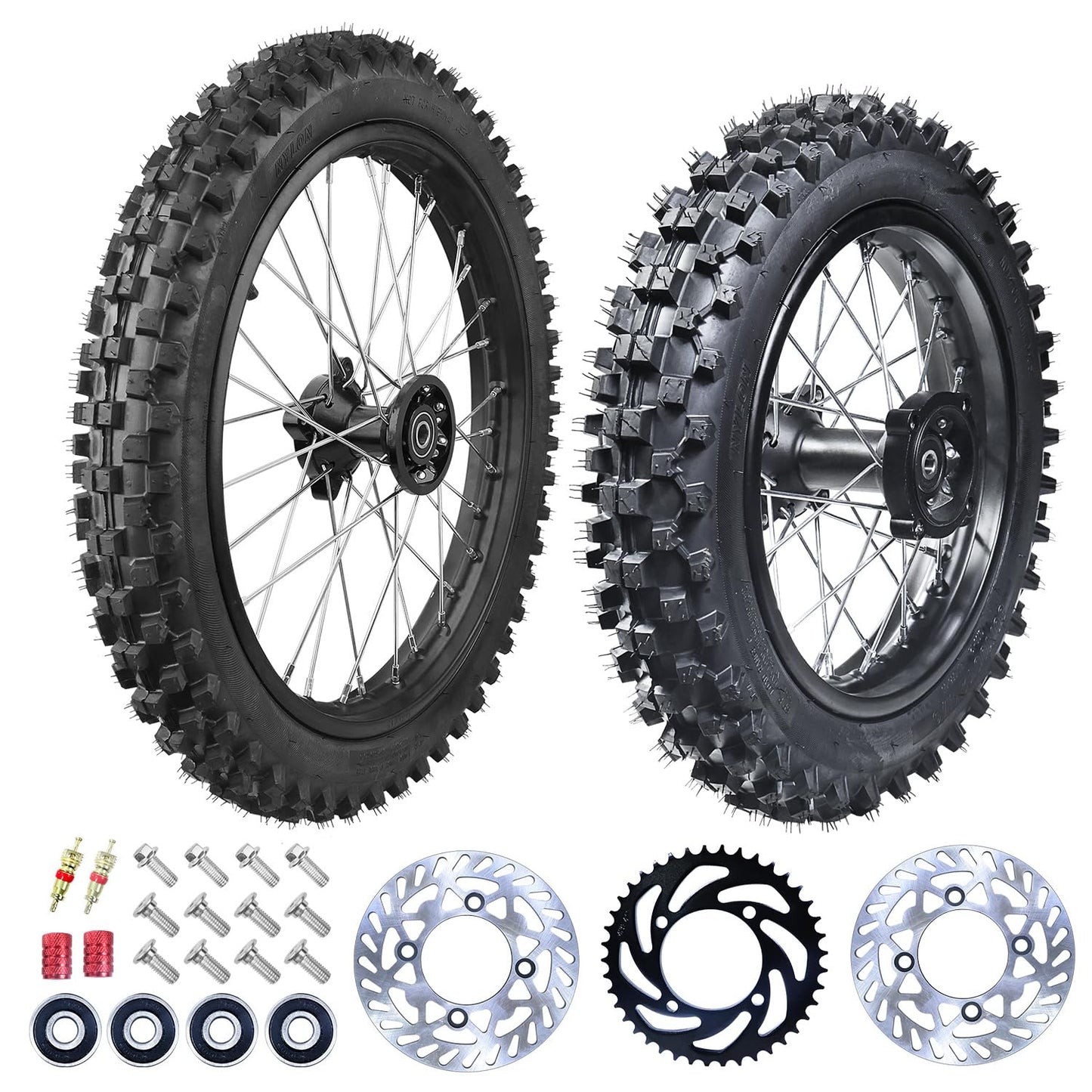 RUIQIMOTO 3.00-14 90/100-14 Rear And 2.75x17 70/100-17 Front Wheel Dirt Bike Rim With 15mm Bearing for 110cc 125cc 140cc 150cc 160cc TTR125 RM80 RM85 KLX140R DB17 DB27 Apollo RFZ SSR Baja Pit Bike