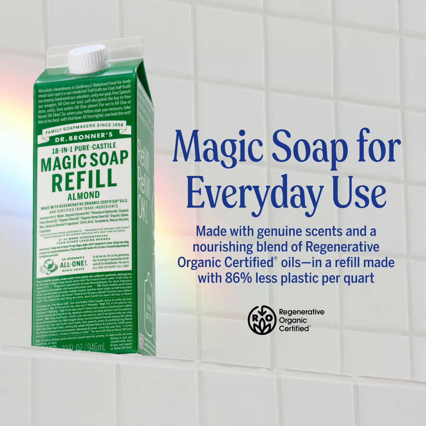 Dr. Bronner's Magic Soap Pure-Castile Liquid Soap Refill - Made with Regenerative Organic Certified Oils - 18-in-1 Uses for Face, Body Wash, Hand Soap Refill, Vegan Bath Soaps- Almond, 2-Pack, 32oz