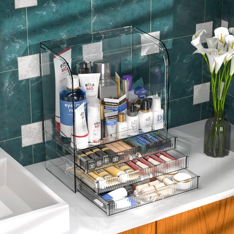 Clear Makeup Organizers for Vanity With Dustproof Lid,Large Capacity Skincare Organizer and Bathroom Counter Organizer With 3 Drawers For Cosmetics,Lotion,Beauty Product Dresser Top Organizer Case