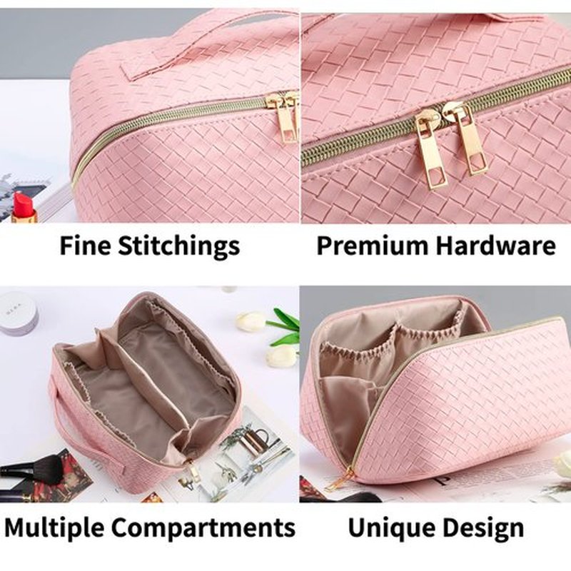 Large Capacity Makeup Bag, Cosmetic Bag Leather Woven Cosmetic Travel Bag Roomy Double Layer Makeup Bags for Women Makeup Pouch Portable Zipper Bags (White)