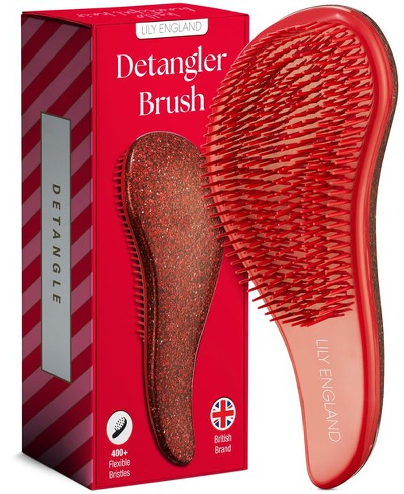 Lily England Detangler Brush for Curly Hair, Thick, Straight & Natural Hair - Gentle Detangling Hair Brush for Women, Kids & Toddlers with Flexible Bristles - Hairbrush for Wet & Dry Hair, Red-Glitter