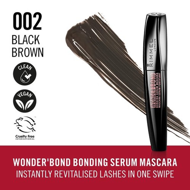 Rimmel Wonder'Bond, 002 Black Brown, Mascara, Bonding Serum Mascara, Volumizing Mascara, Instantly Revitalized Lashes, With Biotin Bonding Complex, Smudge Proof, No Clumps, 0.39oz
