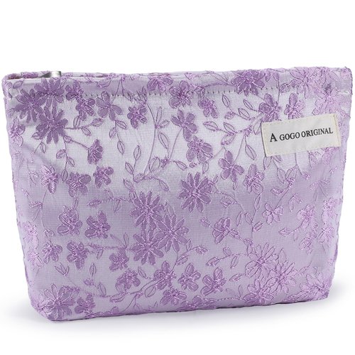 ZLFSRQ Daisy Flower Makeup Bag Travel Cute Floral Cosmetic Bags for Women Large Makeup Pouch Zipper Cosmetic Pouch for Purse Aesthetic Embroidery Purple Makeup Organizer Bag Portable Toiletry Bag