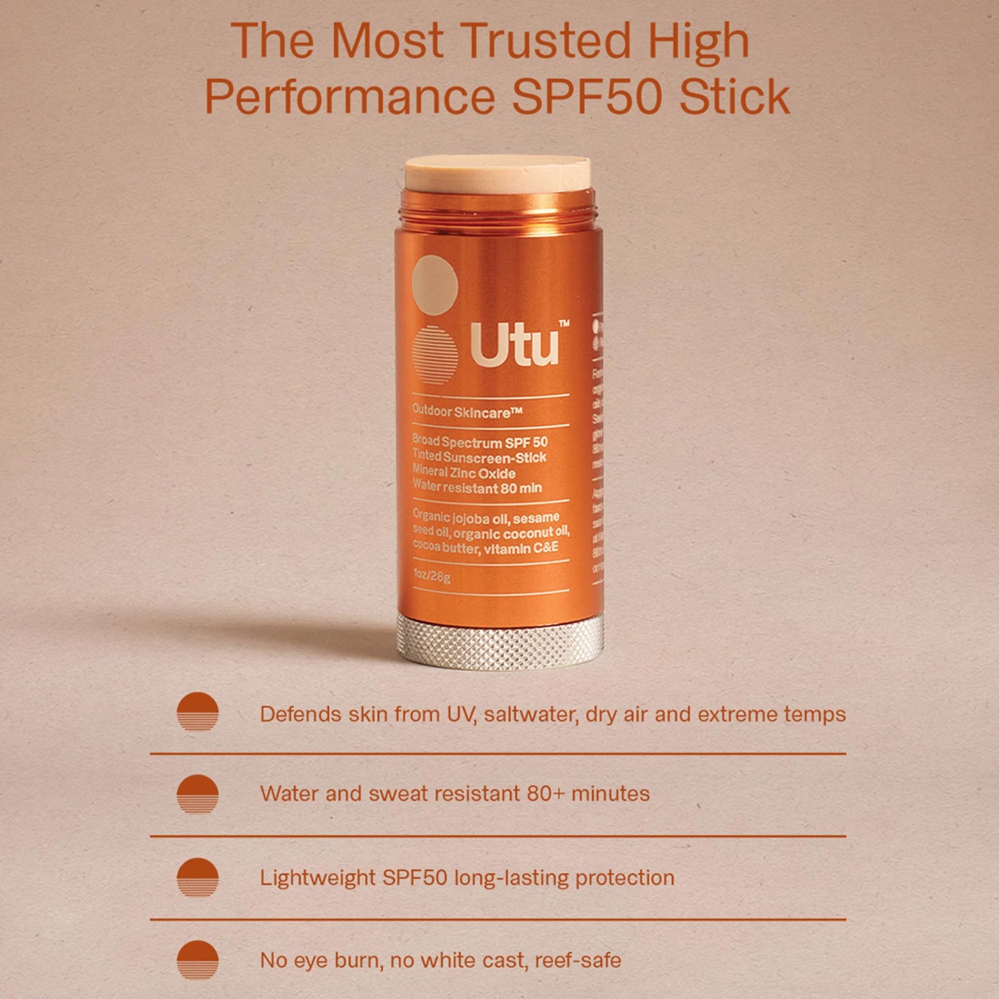 UTU - SPF50 Lightly Tinted Mineral Sunscreen Stick | Vitamin C+E, Jojoba + Sesame Oil | Reef Safe, Cruelty Free, Broad Spectrum (28 g | 1 oz)