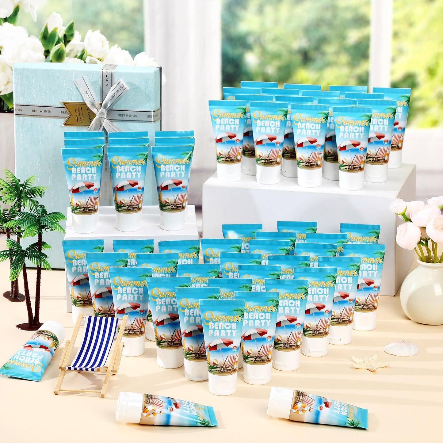 Dansib 72 Pcs Mini Sunscreen Bulk for Summer Party Wedding SPF 30 Water Resistant Sunscreen Lotion Bulk 1oz Travel Size for Thank You Gifts Wedding Supplies (Beach Fiesta)