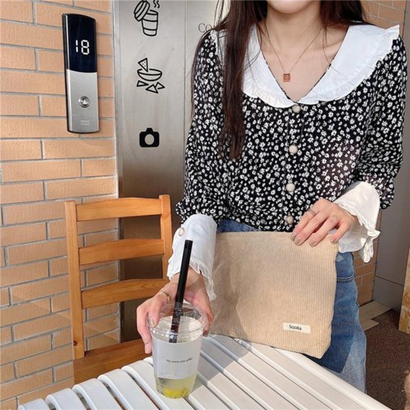 Cosmetic Bags for Women - Corduroy Cosmetic Bag Aesthetic Women Handbags Purses Smile Dots Makeup Organizer Storage Makeup Bag Girls Case Bags (Pure Khaki)