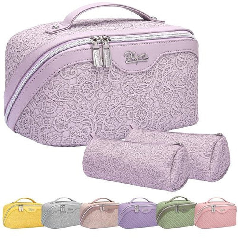 Travel Makeup Bags Cosmetic Organizer Bag: 3-Set Large Capacity Make up Bag - PU Leather Toiletry Bag for Women - Wide Open Portable Pouch with Divider & Handle (02-Z-Violet)