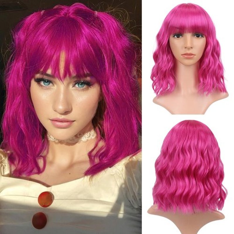 VCKOVCKO Short Bob Wigs Barbie pink Wavy Wig With Air Bangs Women's Shoulder Length Wigs Curly Wavy Synthetic Cosplay Wig Pastel Bob Wig for Girl Colorful Wigs(12", Barbie pink)