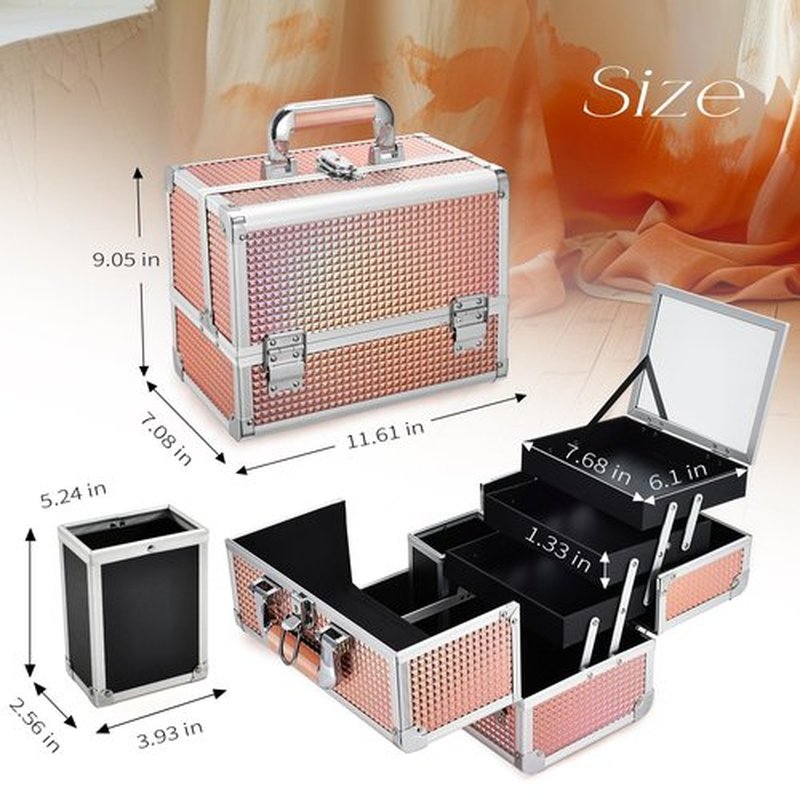 Joligrace Makeup Box 11.6-Inch Cosmetic Train Case for Women Travel Jewelry Organizer with Compartments & Mirror Portable Lockable Make-up Trunk Shiny Style