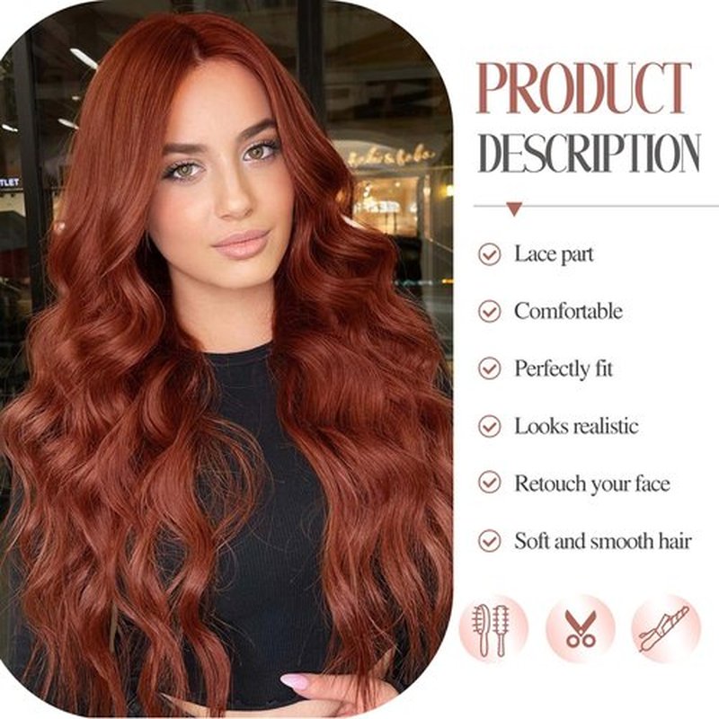 Fancy Hair Auburn Wavy Wigs 28 Inch Long Ginger Middle Part Curly Wavy Wig Small Lace Front Copper Red Synthetic Long Wig for Women Girl Cosplay Daily Party Use
