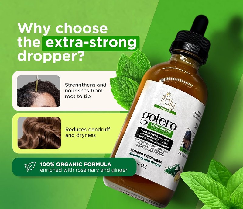 Organic Dropper Extra Strong Hair Treatment - Stop Hair Loss, Stimulate Growth & Treat Dandruff | Rosemary & Ginger, 4oz
