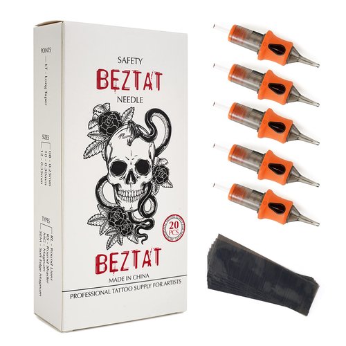 BEZTAT Ultra Premium Professional Tattoo Needles Cartridge w/Grip & Machine Covers Sleeves #08 Round Liner 20 Pack (0814RL)