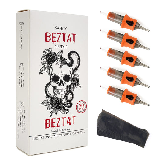 BEZTAT Ultra Premium Professional Tattoo Needles Cartridge w/Grip & Machine Covers Sleeves #10 Bugpin Round Shader 20 Pack (1011RS)