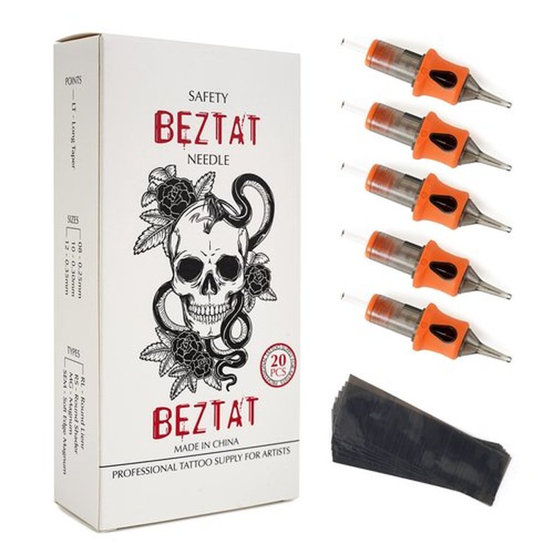 BEZTAT Ultra Premium Professional Tattoo Needles Cartridge w/Grip & Machine Covers Sleeves #10 Bugpin Round Shader 20 Pack (1007RS)
