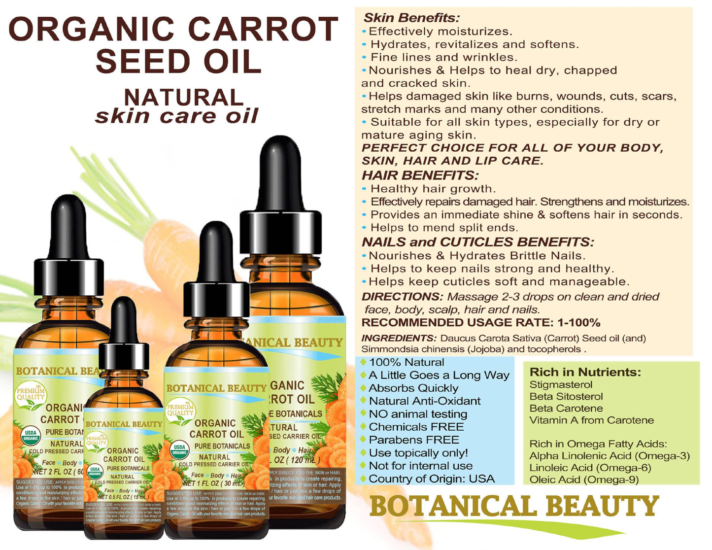 Botanical Beauty Organic CARROT SEED OIL 100% Pure VIRGIN UNREFINED Undiluted Cold Pressed Carrier Oil for Face, Skin, Body, Hair, Lip, Nails. Rich in Beta Carotene, Vitamin E (0.5 Fl Oz)