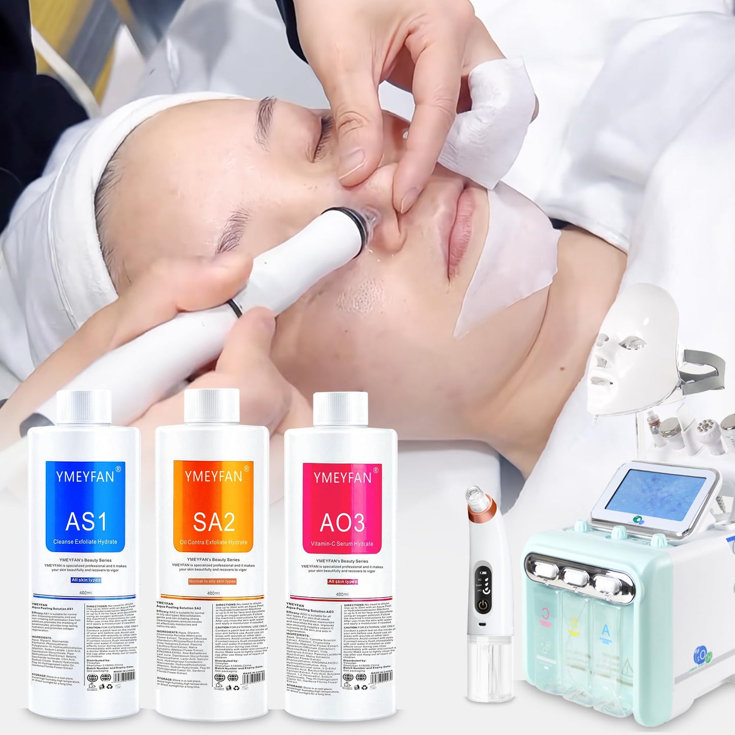 YMEYFAN AS1 SA2 AO3 Aqua Peeling Solution(English Ver.), Hydro Facial Solution for Hydrogen Oxygen Facial Machine Professional, Hydrating Serums for Facial Cleansing, Nourishing, Exfoliate(400ml/3Pcs)