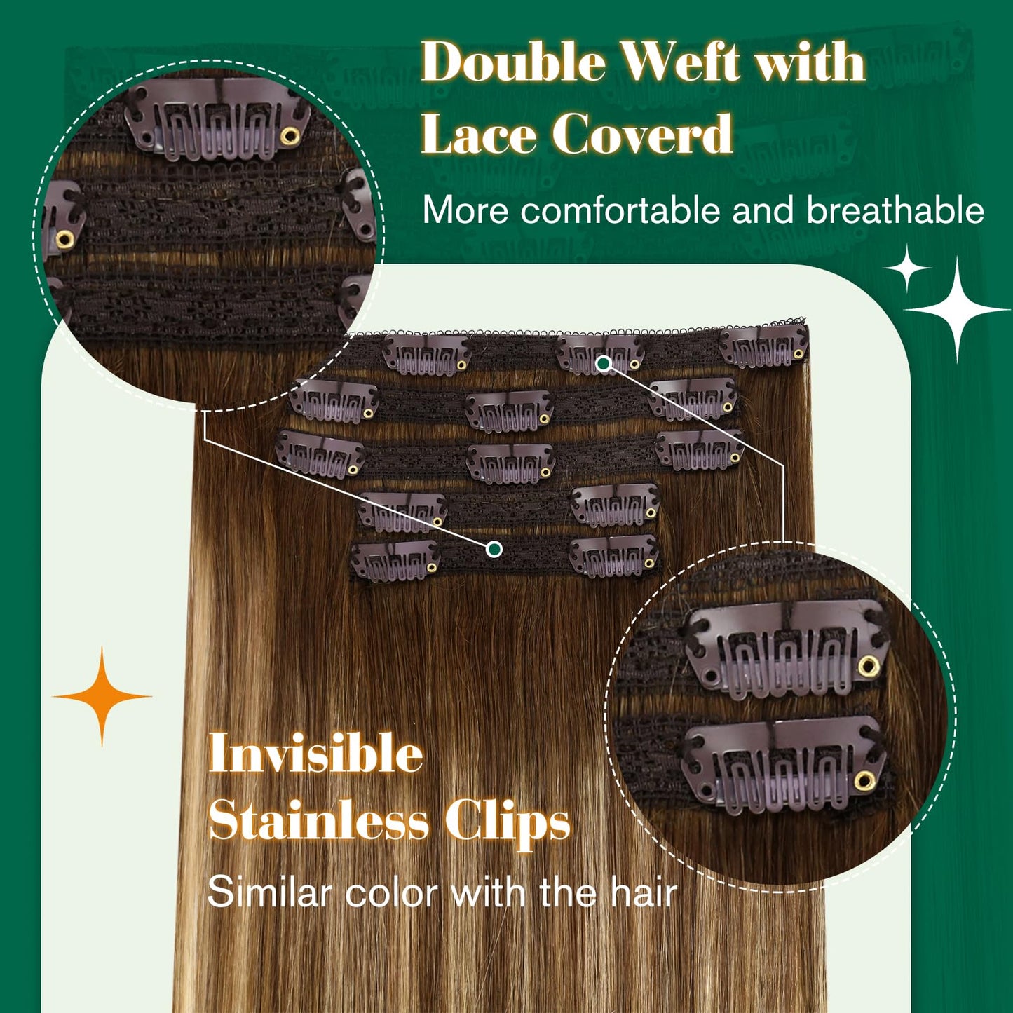Easyouth Clip in Hair Extensions Balayage Human Hair Extensions Clip ins Medium Brown Fading to Honey Blonde Mixed Brown Clip in Human Hair Extensions Full Head 22 Inch 70g 5pcs