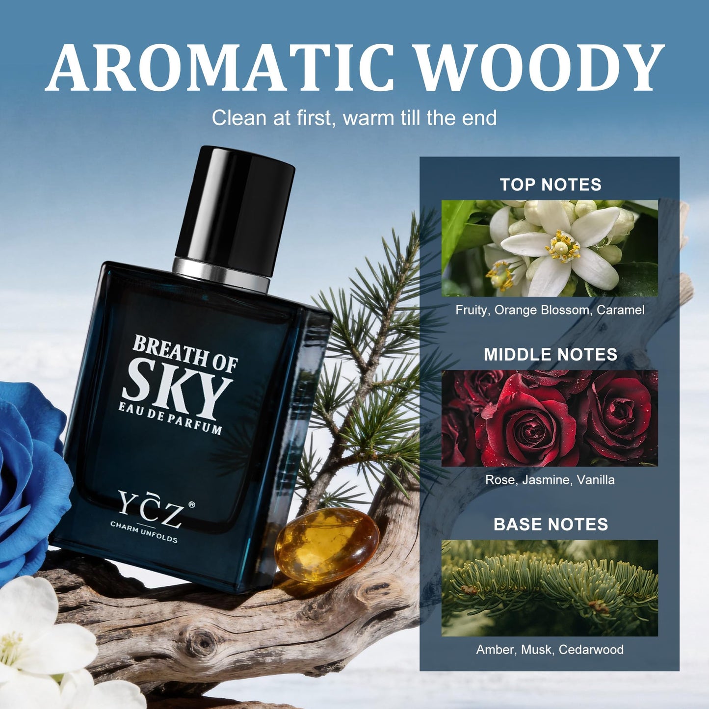 Ycz Breath of the Sky Eau de Parfum for Men, 1.7 Fl Oz (50 mL), Long-Lasting Cologne, Fresh Aromatic Woody Scent with Orange Blossom, Vanilla and Cedarwood Notes for Daily Wear, Travel and Gif