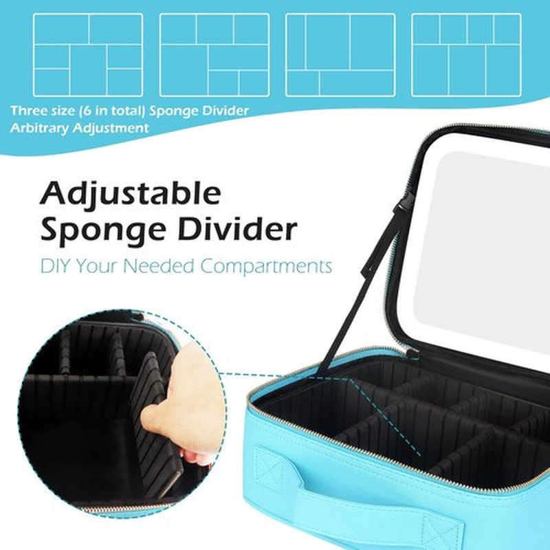 MOMIRA Makeup Bag with Mirror and Light Travel Makeup Train Case Cosmetic Bag Organizer Portable Artist Storage Bag with Adjustable Dividers Makeup Brushes Storage Organizer Diamond Blue