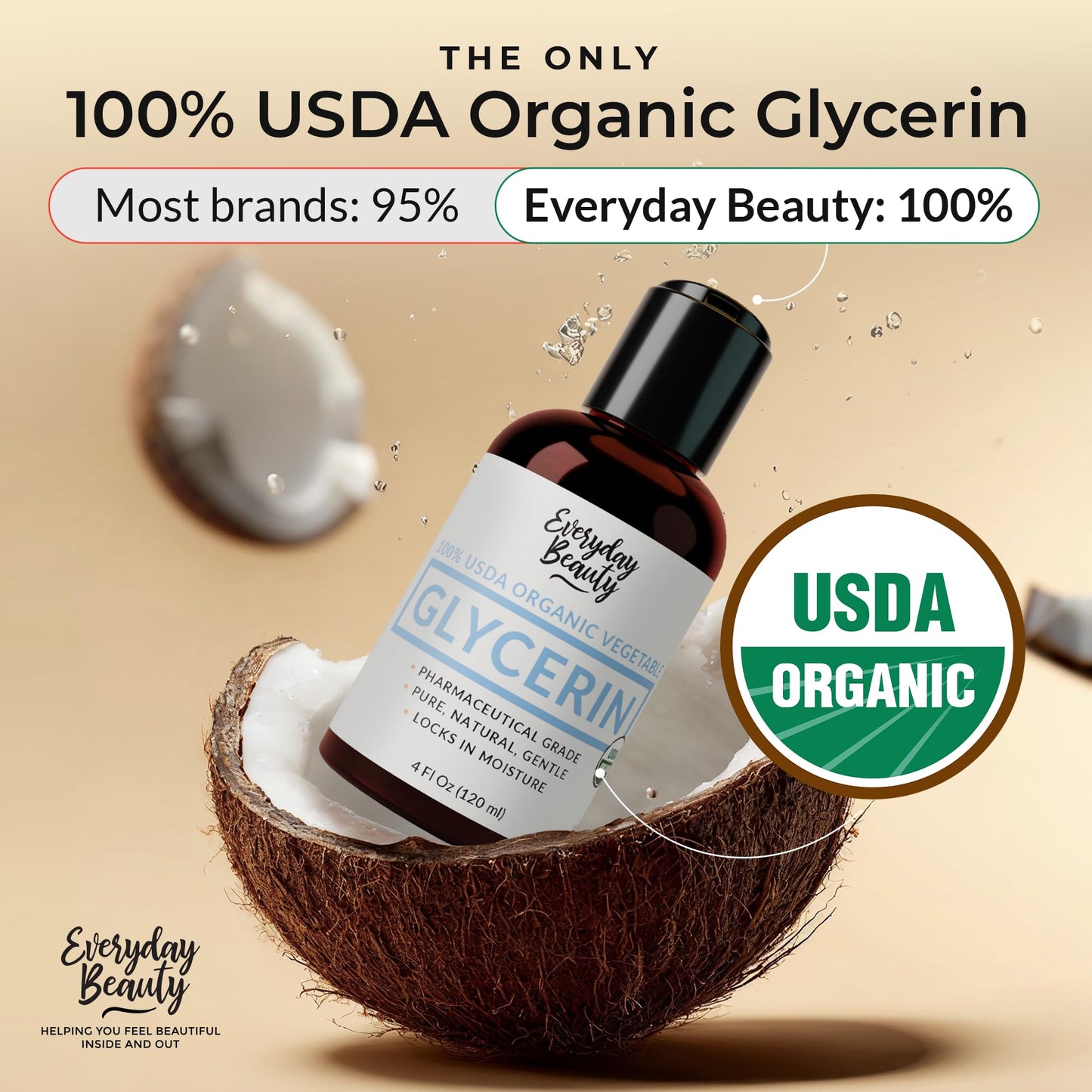 100% Organic Glycerin - For Skin & Hair - Food Grade - USDA Certified - Not From Palm Oil - Perfect Skin and Hair Moisturizer - 4 Fl Oz