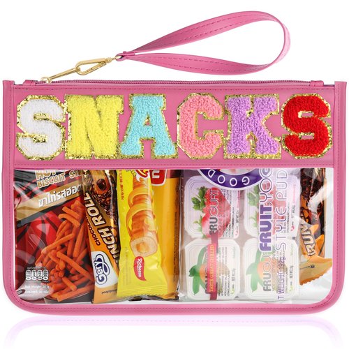TESAFNG Snack Bag for Travel - Clear Chenille Varsity Letter Flat Pouch with Zipper, Waterproof Clear PVC&PU Preppy Patch Makeup Cosmetic tote Bags for Women Girls (Rose-Snacks)