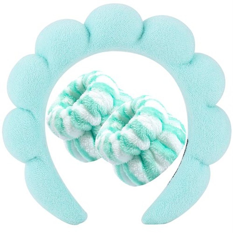 Zkptops Spa Headbands for Washing Face or Facial Sponge Makeup Skin Care Headband Wristband Set Towel Bubble Soft Hairband for Women Girls Puffy Winter Non Slip Thick Thin Hair Accessory(Turquoise-3)