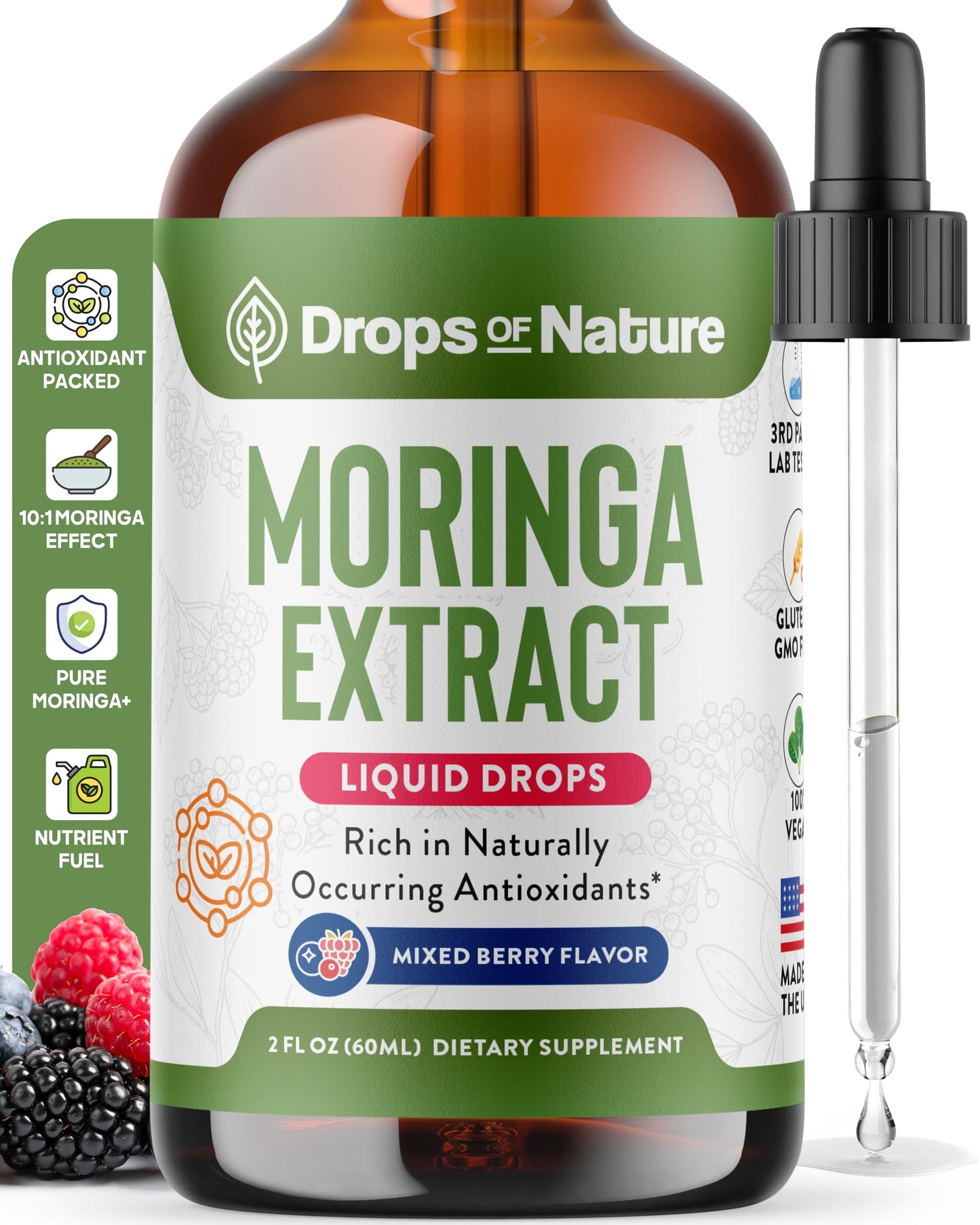 Moringa Liquid Drops Supplement – Vegan, Gluten Free – Greens Superfood Powder & Moringa Capsules Alternative – Mix with Tea Drinks – Packed with Antioxidants for Natural Vitality (Mixed Berry, 60 mL)