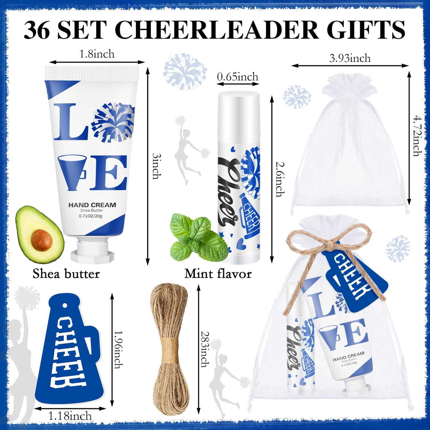 Heigble 144 Pcs Blue Cheer Lip Balm Hand Cream Set Party Favors Cheer Teams Camp Gifts Include 36 Lip Balm 36 Moisturizing Hand Cream 36 Bags 36 Cards and Ropes for Guest Party Supplies Accessories