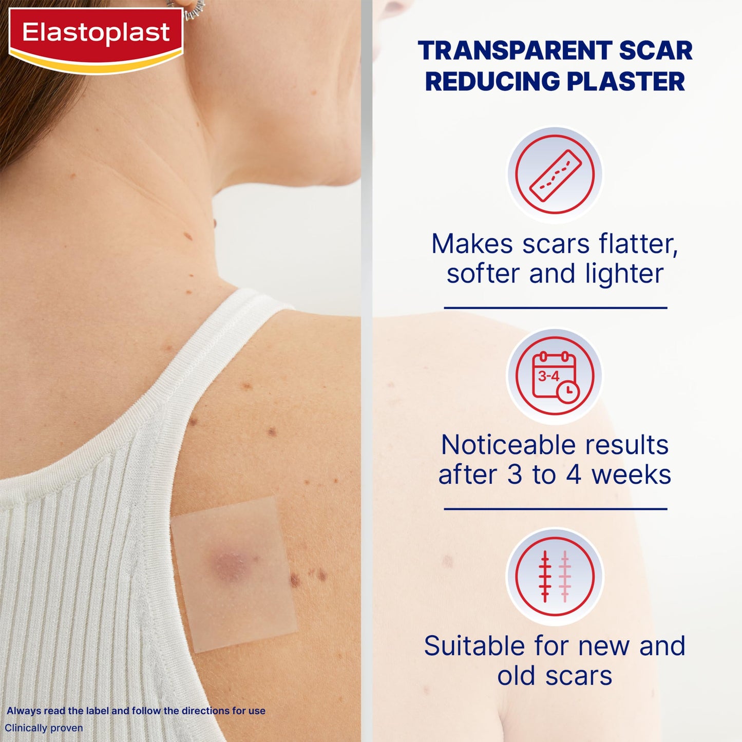 Elastoplast Scar Reducer Plasters (21 Pieces), Quick and Convenient Scar Cover Up Treatment, Scar Sheets to Reduce Visbility of Scars, Scar Plaster Pack for Quick Results