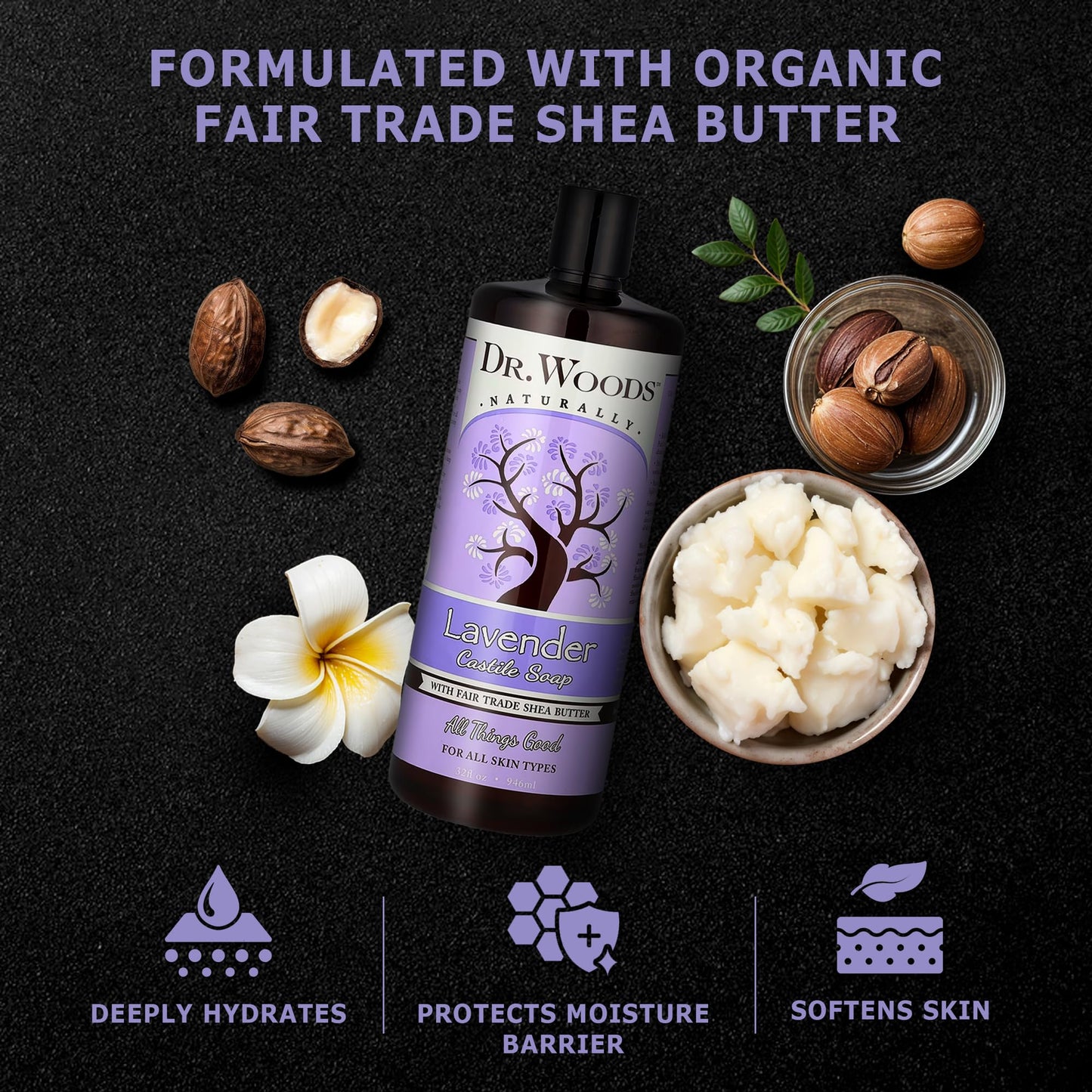 Dr. Woods Lavender Liquid Castile Soap - Castile Soap with Pure Lavender Oil, Body Wash for Men and Women, Organic Shea Butter, Natural Cleaner for Face, Hands, and Body - 32 Fl Oz, Pack of 2