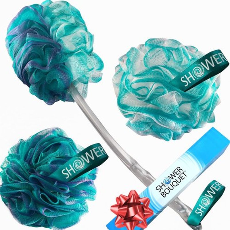 2-Side-Loofah-Back-Scrubber & Bath-Sponges by-Shower-Bouquet: 1-Long-Handle-Back-Brush Plus 2-Extra-Large 75g Soft Mesh Poufs, Men & Women - Exfoliate with Full Pure Cleanse in Bathing Accessories