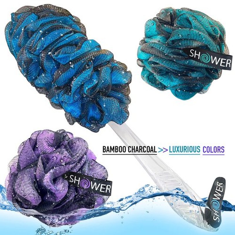 Loofah-Charcoal Back-Scrubber & Bath-Sponge Color-Set by-Shower-Bouquet: 1 Long-Handle-Back-Brush Plus 2 Extra Large 75g Soft Mesh Poufs, Men & Women - Exfoliating Cleanse with XL Luffa Lufas Loofahs