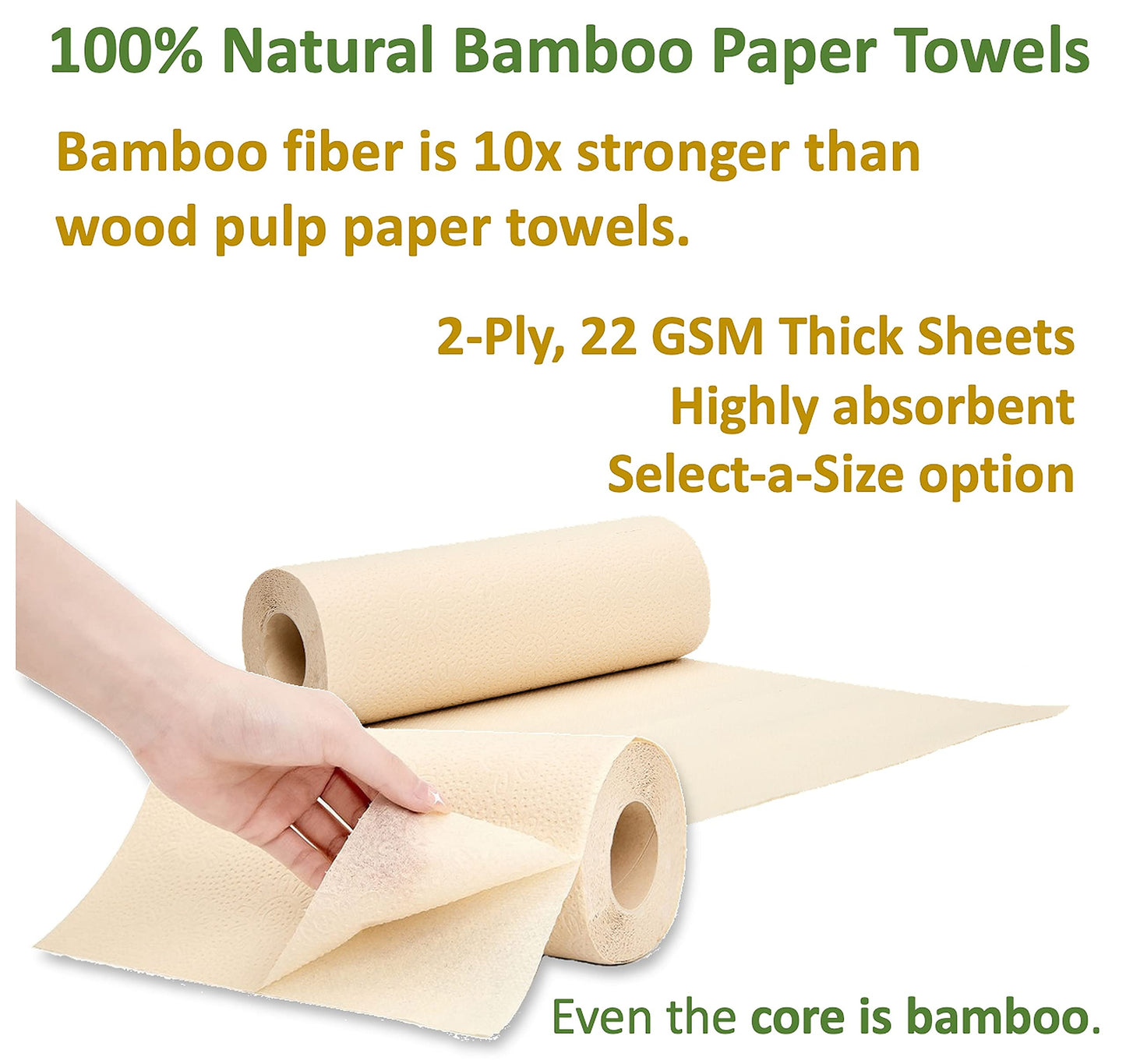 Purafide 100% Bamboo Paper Towels, Tree-Free, Chemical-Free, Lint-Free, Durable, Absorbent, Select-a-Size 2-Ply, 90 Sheets Per Roll. (PT 6 Rolls)