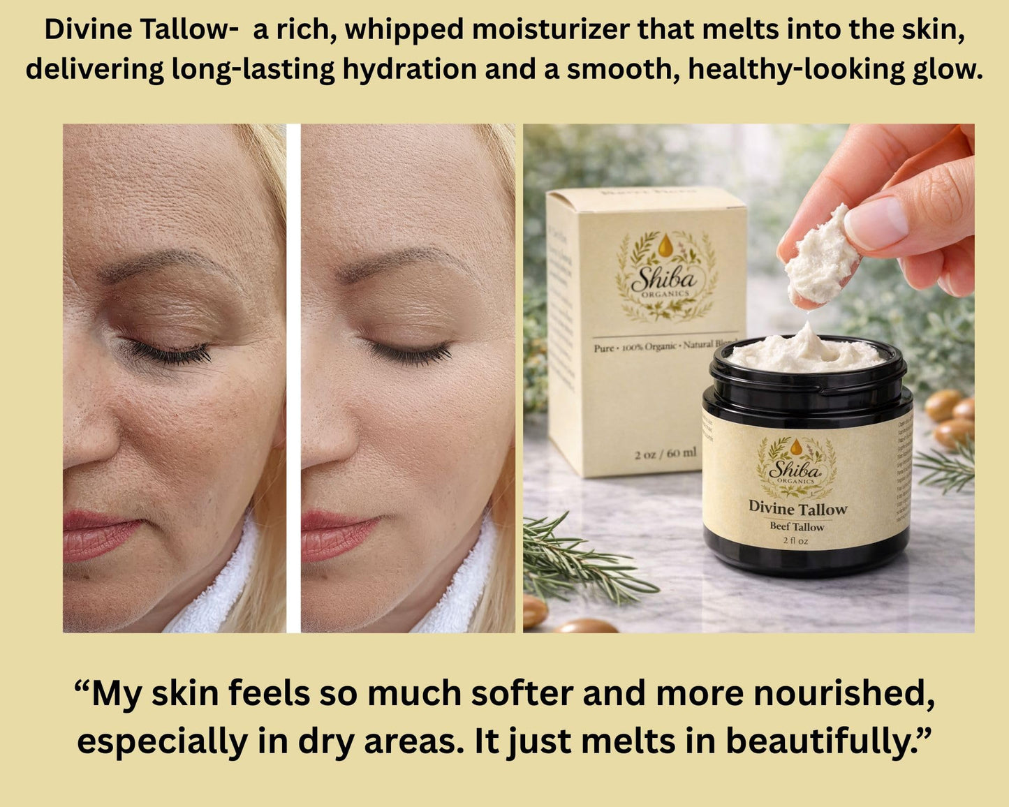 Shiba Organics Divine Tallow Balm - Grass-Fed Tallow Moisturizer for Dry & Sensitive Skin - Deep Hydration & Skin Barrier Support - Face & Body - 2 FL OZ