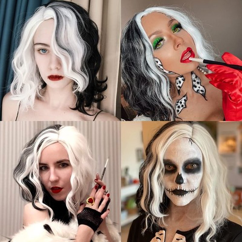 Cying Lin Short Bob Wavy Curly Wig Black and White Wig For Women Cosplay Halloween Wigs Heat Resistant Bob Party Wig Include Wig Cap (Black and White)